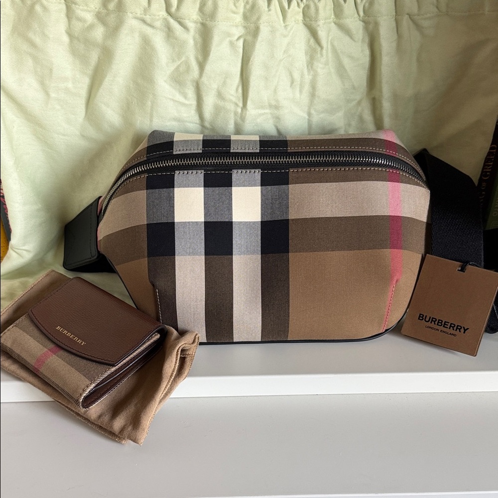 New with Tags Burberry Checkered Brown  BumBag and Wallet Bundle